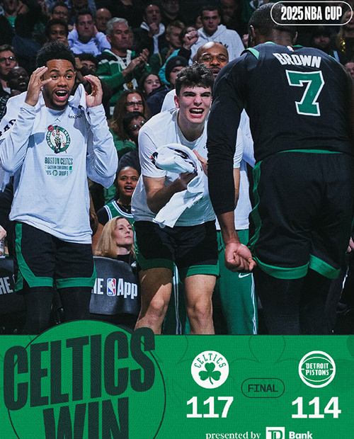 凯尔特人117-114终结活塞13连胜，布朗33+10，坎宁安空砍42分