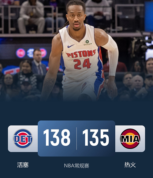 活塞138-135险胜热火终结连败，坎宁安29+8，维金斯31+6