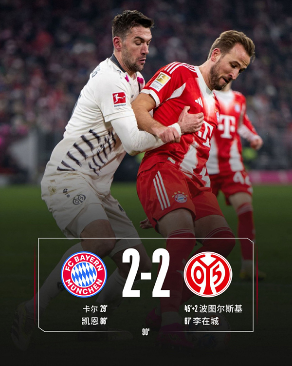 德甲-拜仁2-2美因茨 17岁卡尔连场破门 凯恩点射